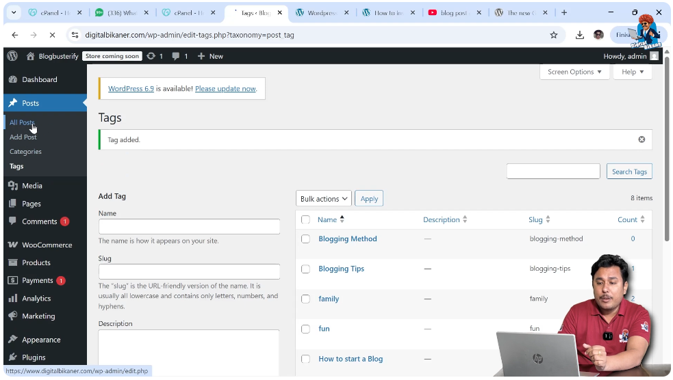 Opening all posts section to add tags in WordPress