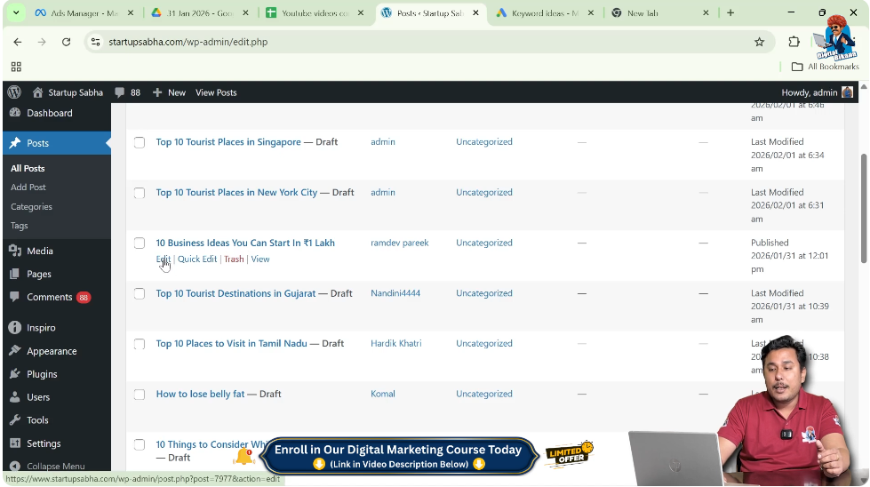 Opening existing blog post in WordPress editor using edit option