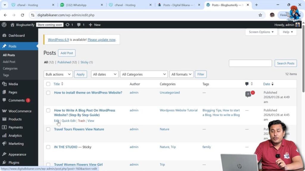 WordPress dashboard posts section showing all posts list screen