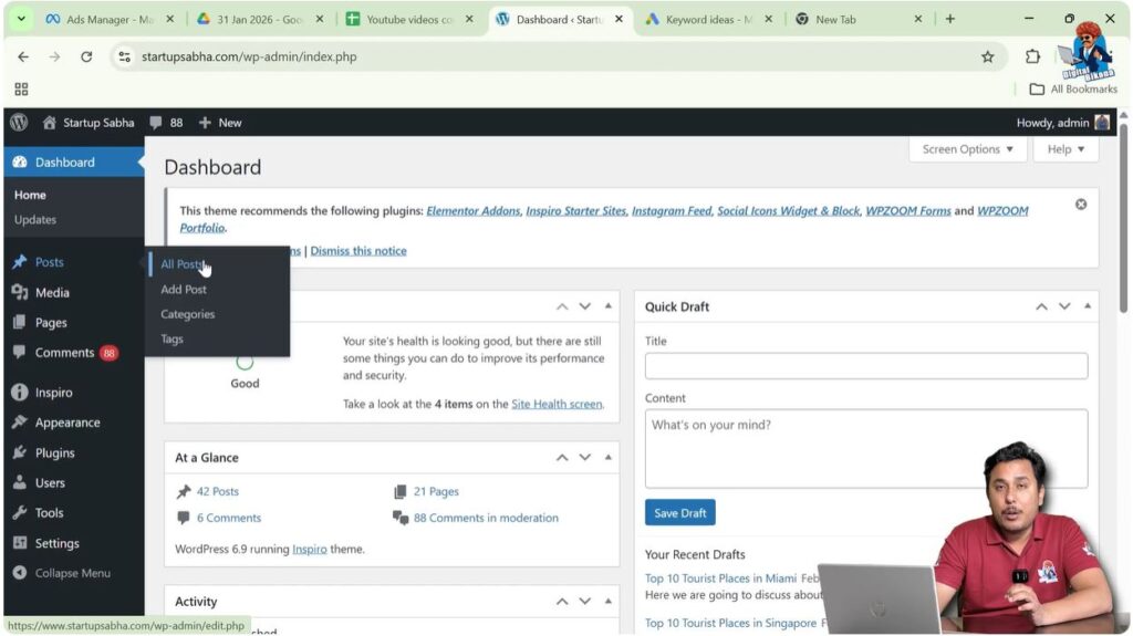 WordPress dashboard posts section showing all posts and edit options
