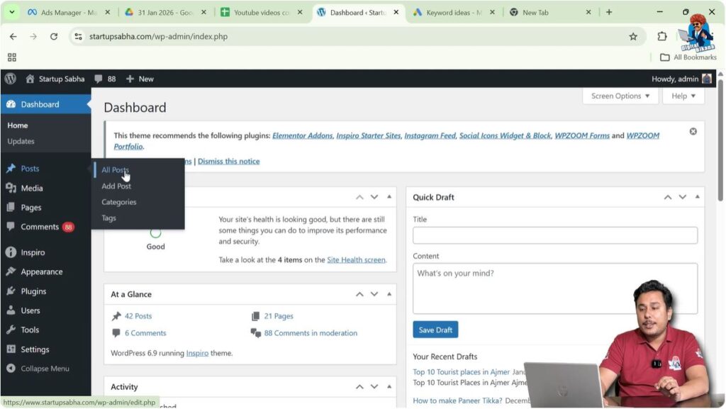 Opening the Posts Section in WordPress Dashboard