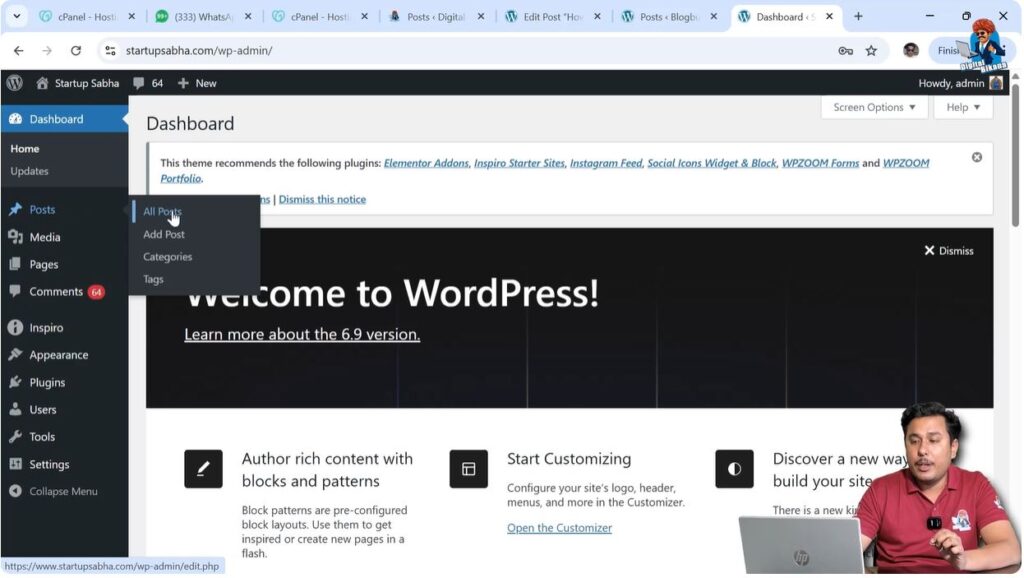 WordPress dashboard posts section showing all posts list screen