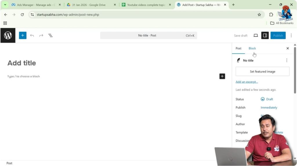WordPress settings toolbar showing post options and tags
