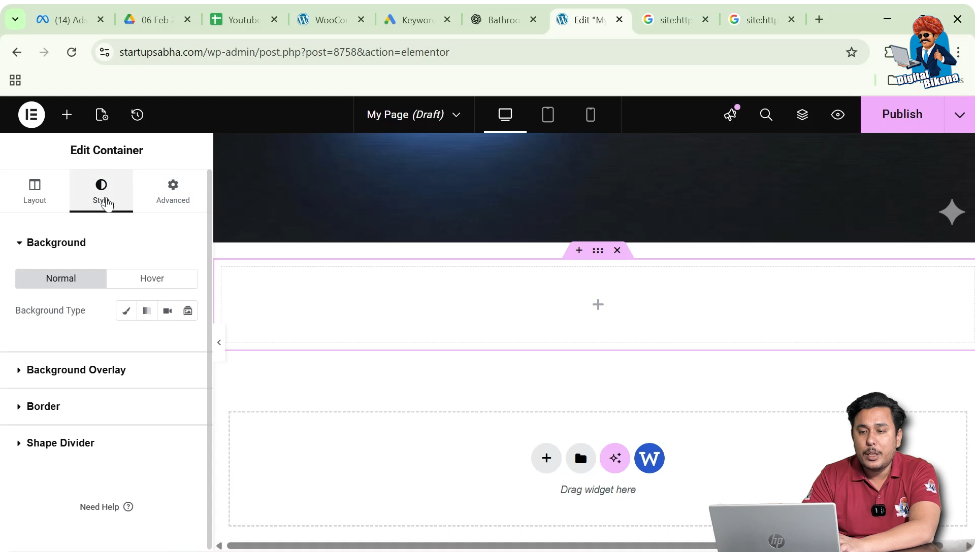 Opening style settings of Elementor container to customize background