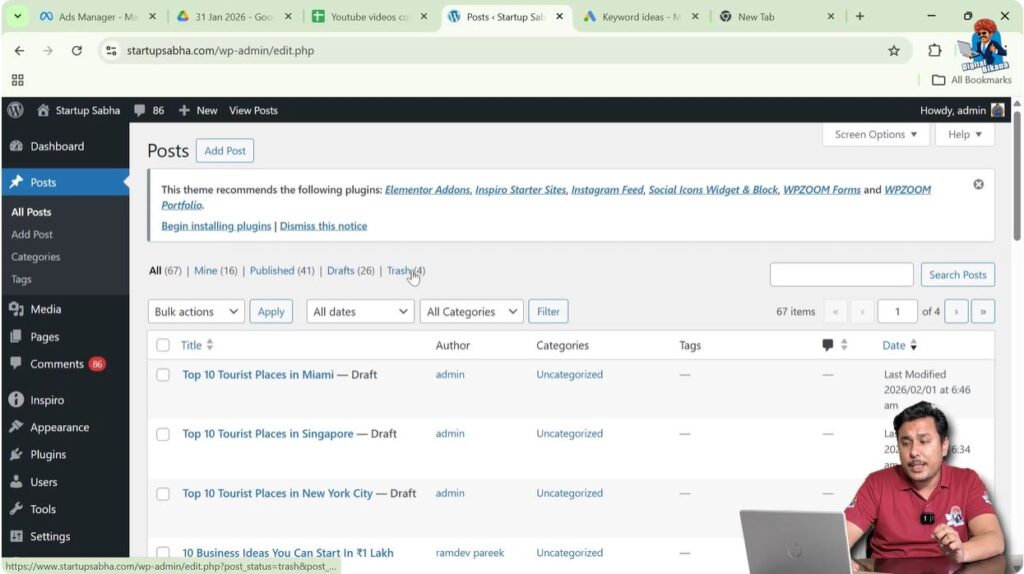 Opening trash section in WordPress posts to view deleted blog posts