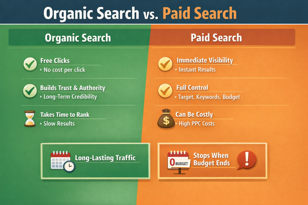 Infographic comparing benefits and drawbacks of SEO and PPC