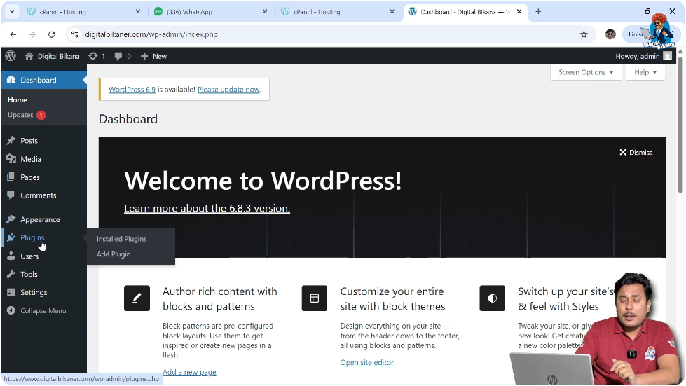 Plugins section in WordPress dashboard for installing website plugins