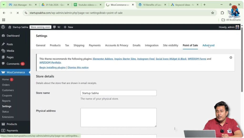 WooCommerce point of sale settings showing store details and contact information
