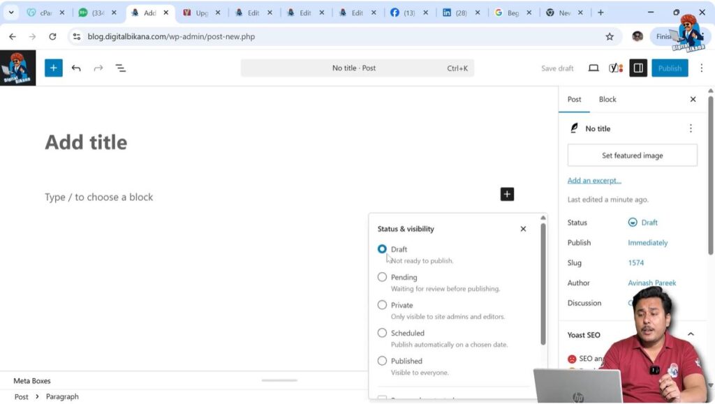 WordPress post status and visibility options panel