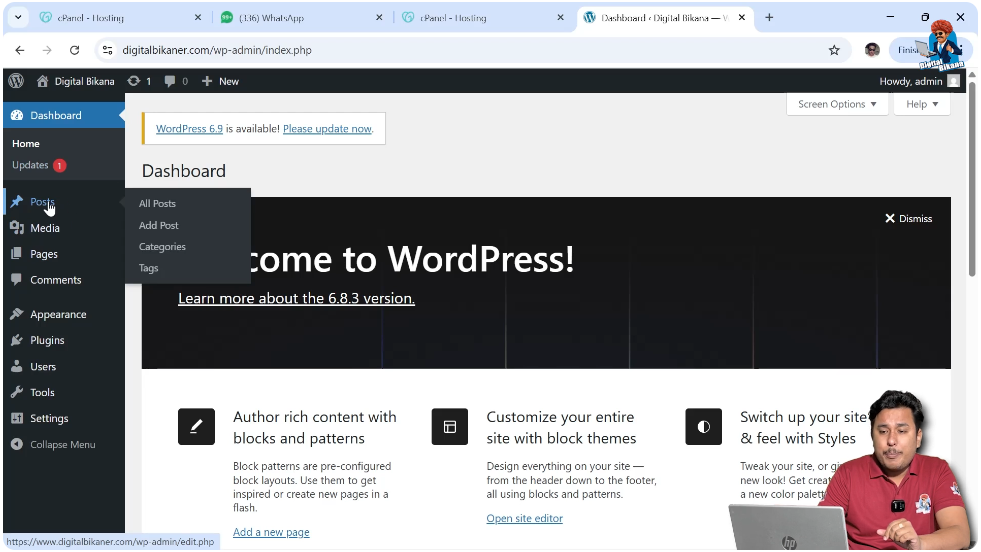 Posts section in WordPress dashboard for adding and managing blog posts