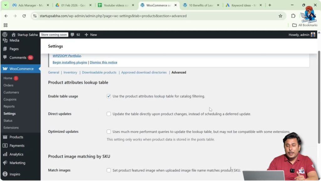 WooCommerce product advanced settings including SKU matching and attribute lookup table