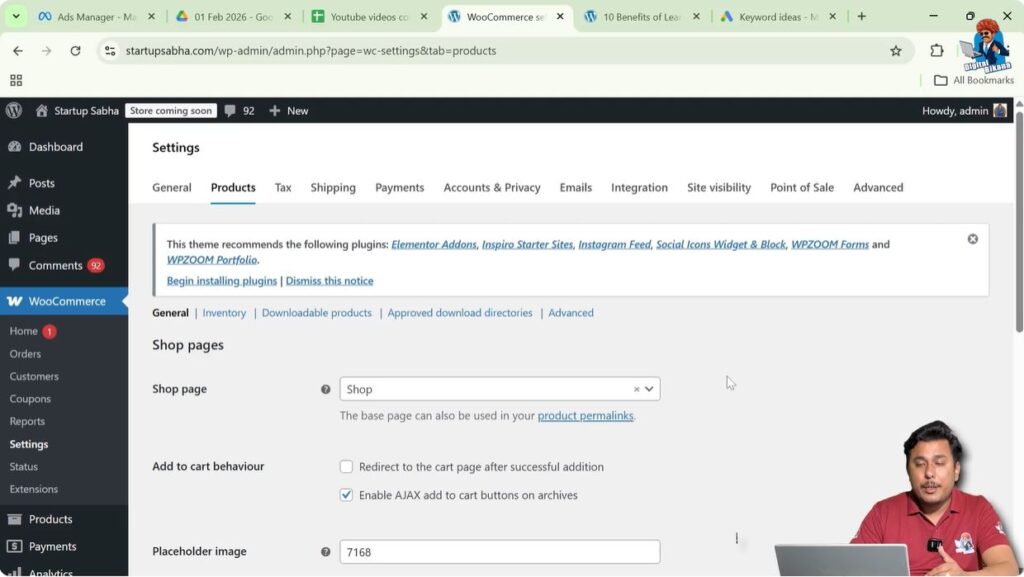 WooCommerce product settings configuration including shop page reviews and dimension units