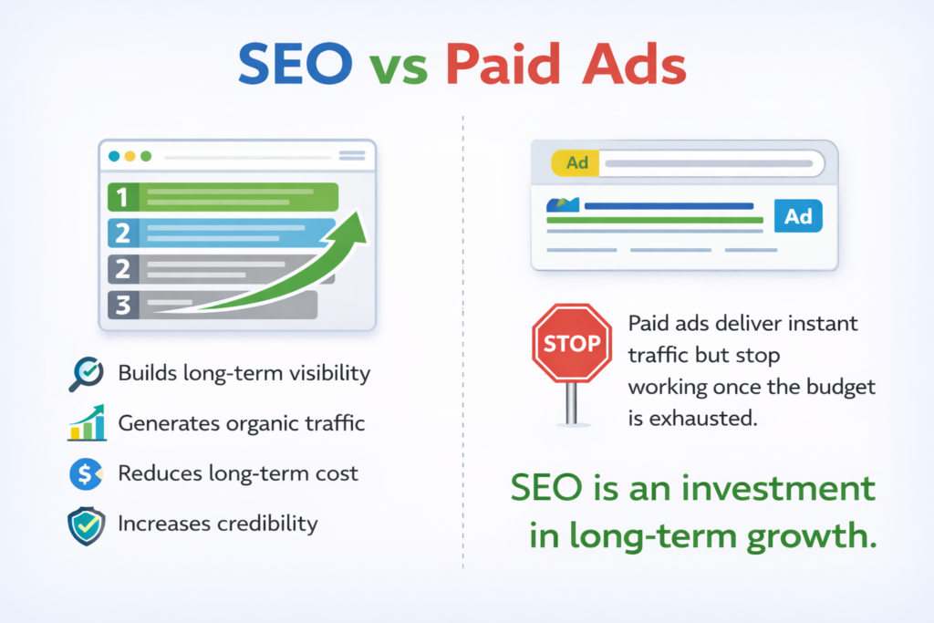 Comparison between organic SEO results and paid search advertisements