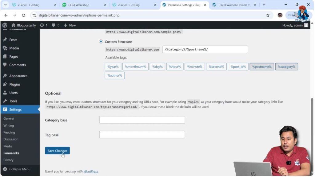 Save changes button in WordPress permalink settings page