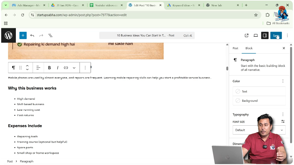 Clicking update button in WordPress editor to save blog changes