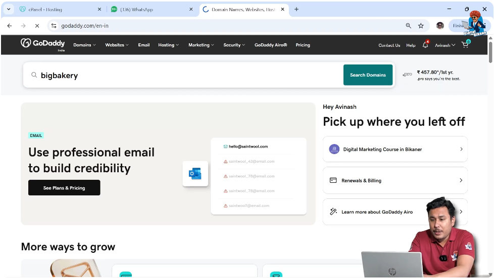 Searching domain name in GoDaddy search bar