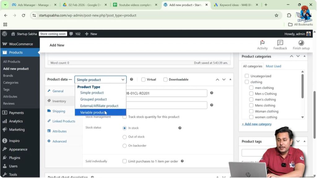 Selecting variable product option in WooCommerce product data
