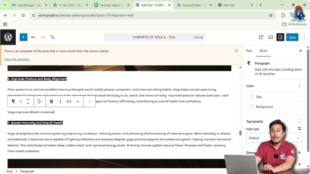 Selecting location in WordPress blog post to insert numbered list