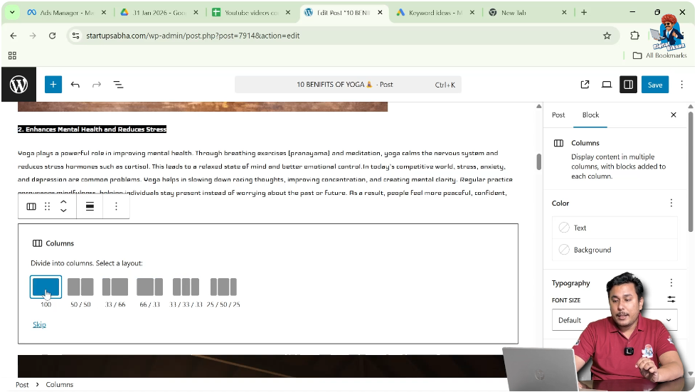Selecting two column layout in WordPress columns block