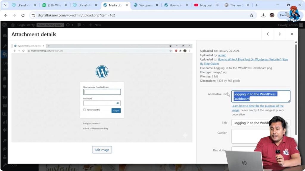 Selecting image from media library to add alt text in WordPress