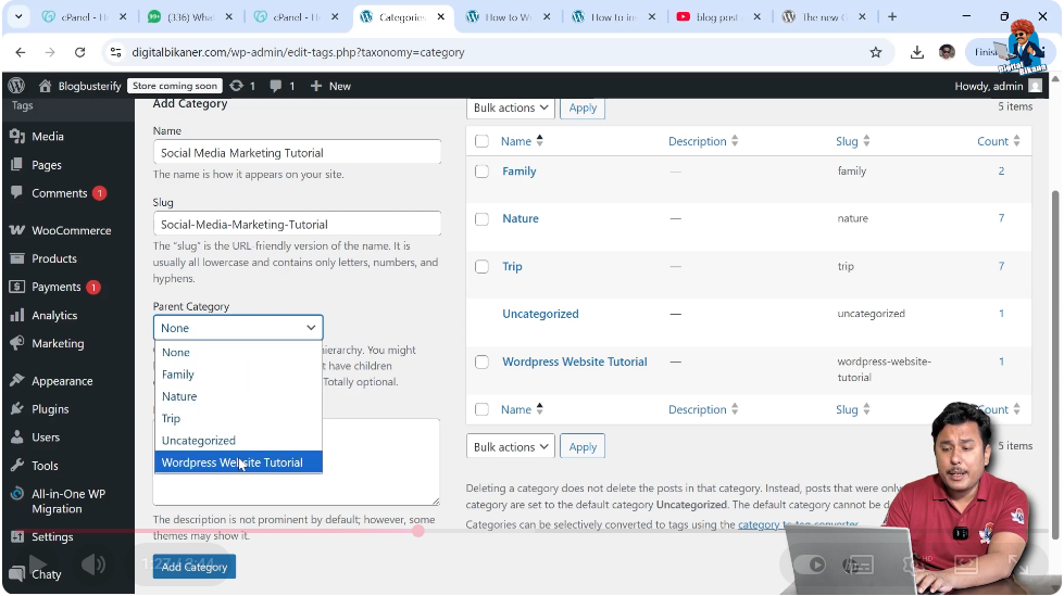 Selecting parent category option in WordPress categories settings