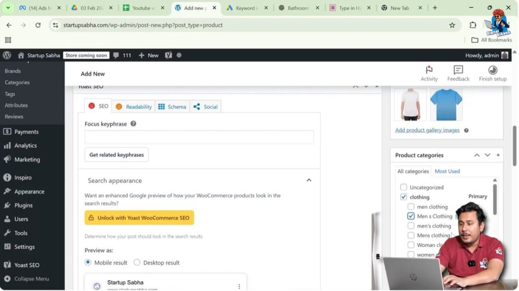 WooCommerce product category and tag selection panel
