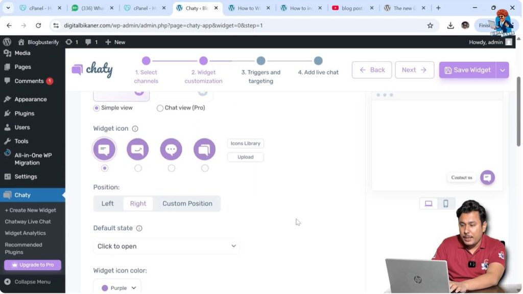 Selecting WhatsApp chat widget design in WordPress plugin
