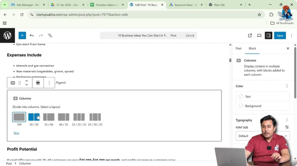 WordPress block selection panel showing different block types options