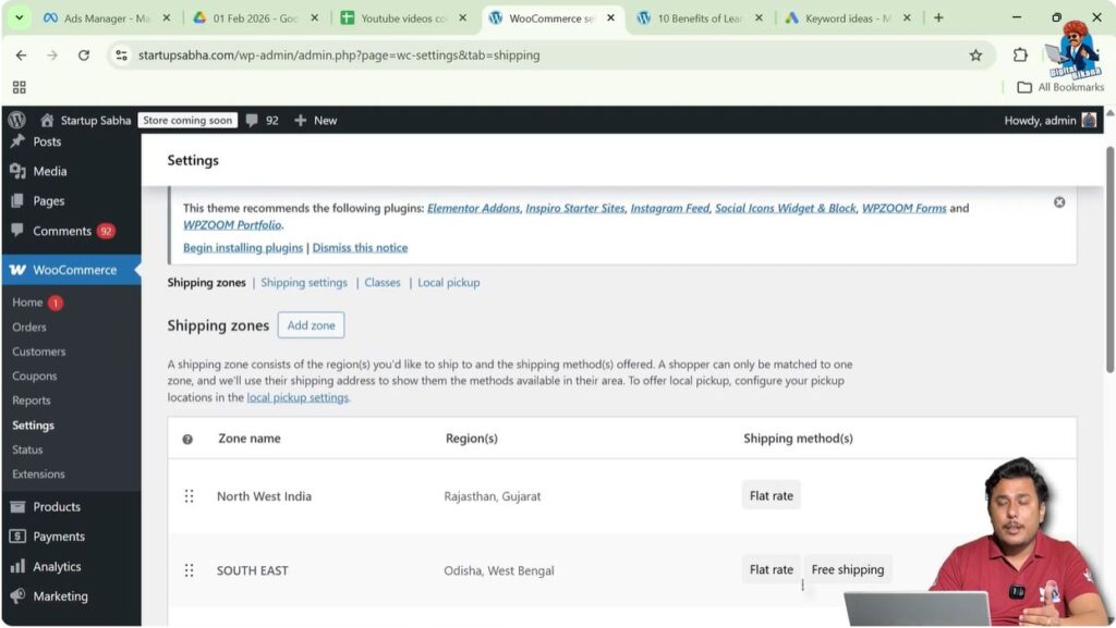 WooCommerce shipping settings showing shipping zones methods and delivery configurations