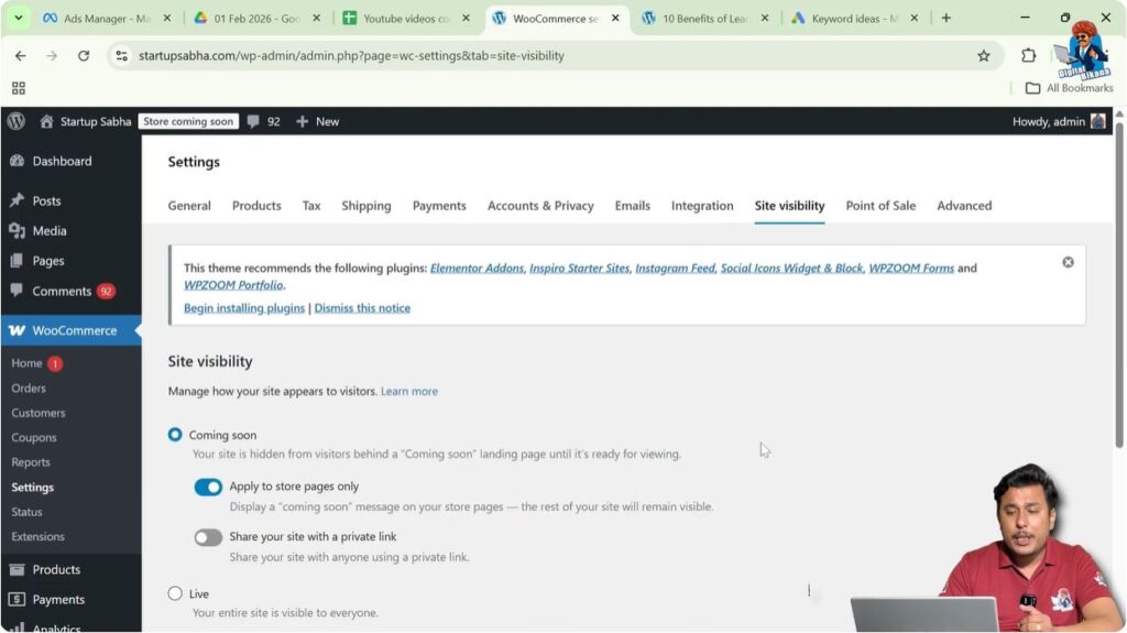 WooCommerce site visibility settings showing live and coming soon options
