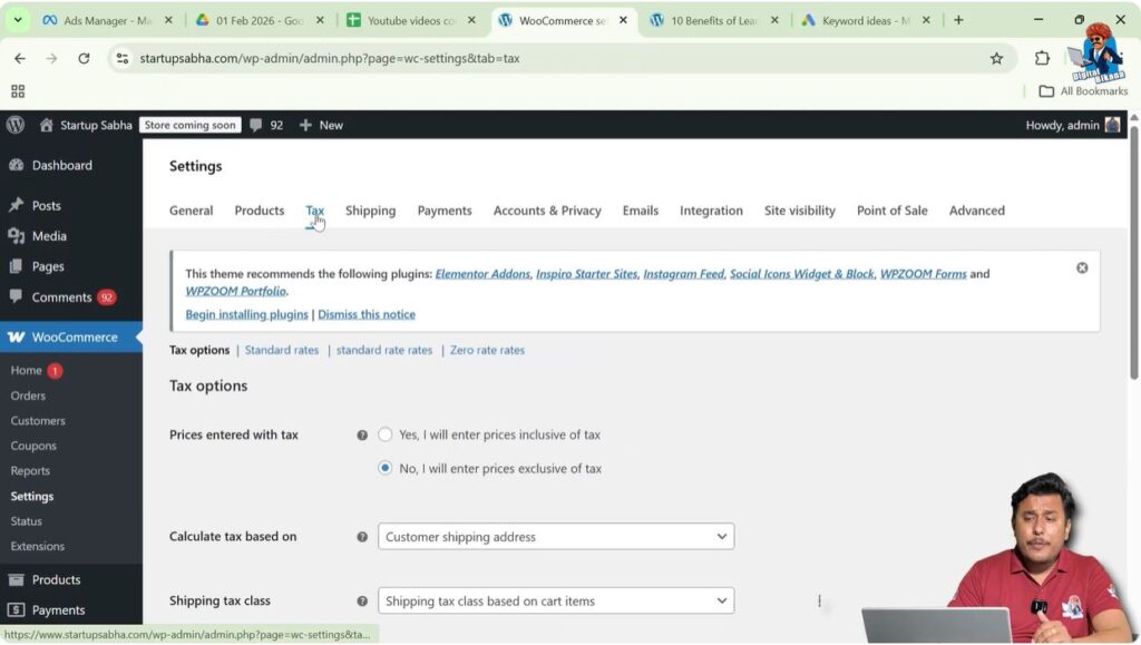 WooCommerce tax settings showing tax options GST rates and tax calculation method