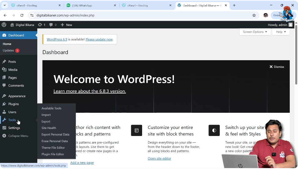 Tools section in WordPress dashboard with import export options