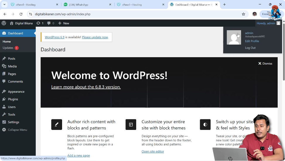 WordPress dashboard profile and logout options in top right corner