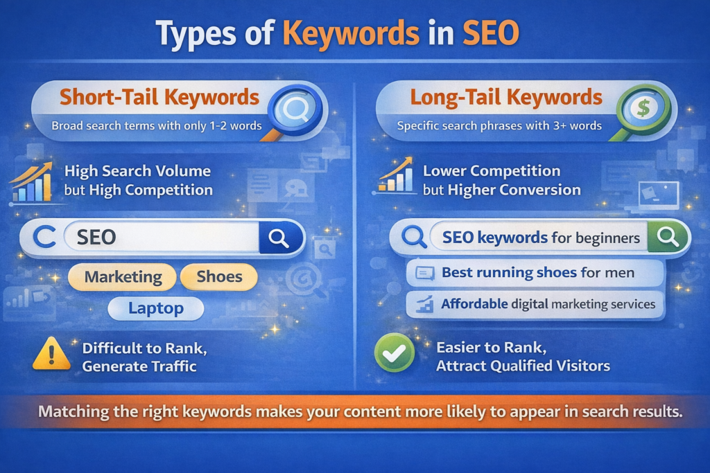 Types of Keywords in SEO including short tail and long tail keyword examples