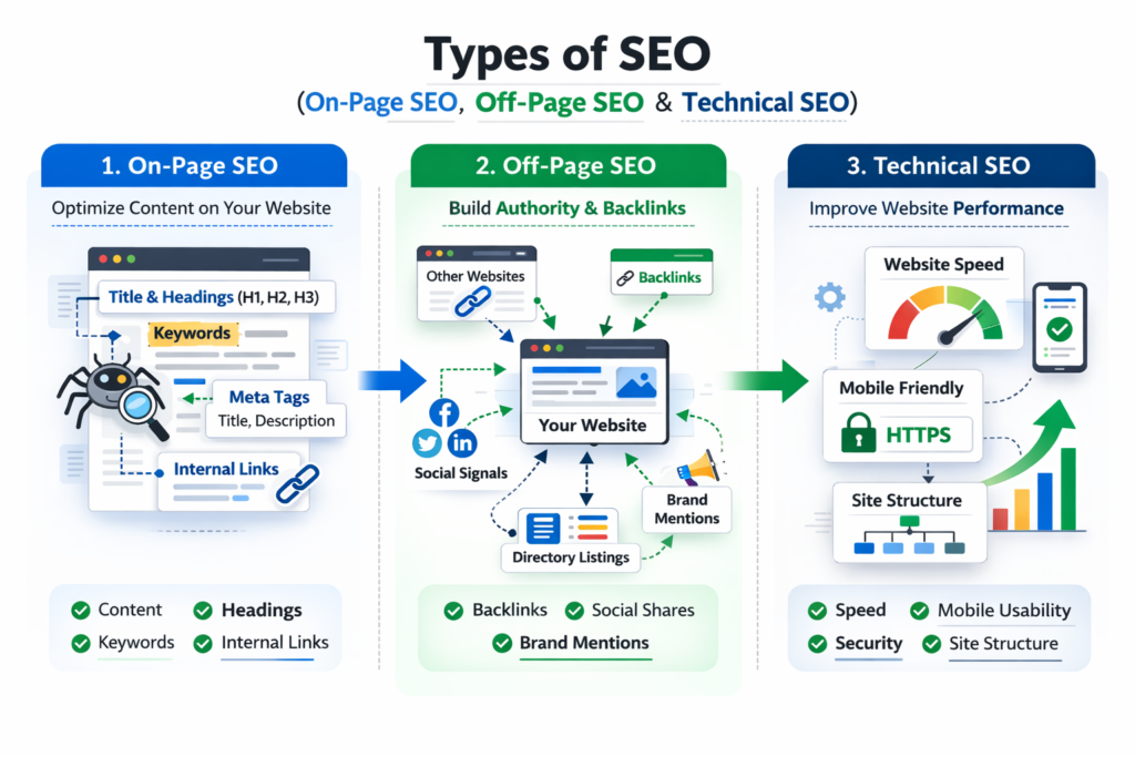 Illustration of on page SEO off page SEO and technical SEO categories