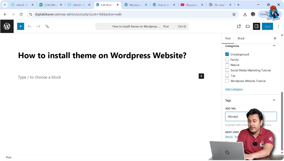 Typing tag name in WordPress post tag section
