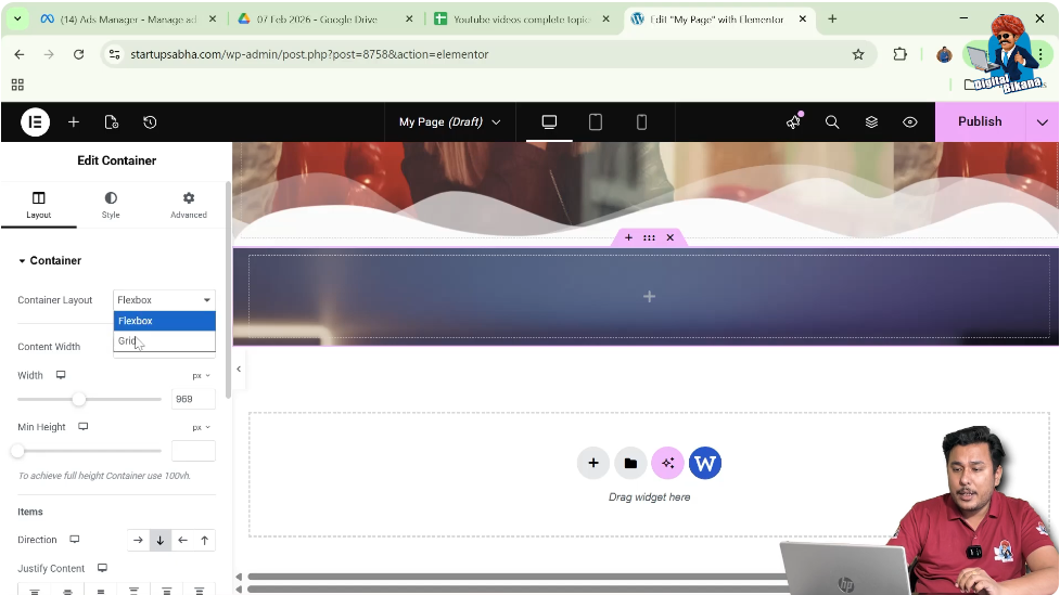 Container layout type settings flexbox or grid in Elementor