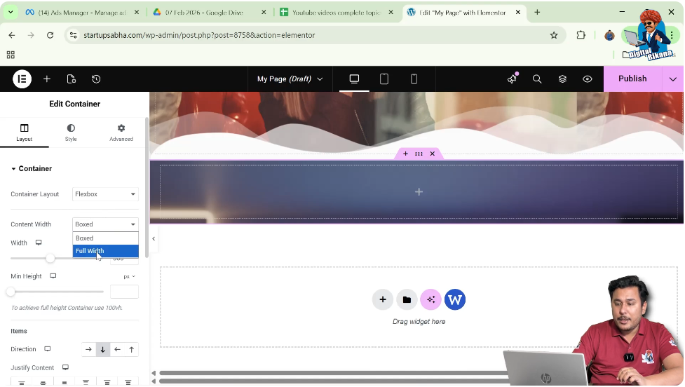 Content width options boxed and full width in Elementor container settings