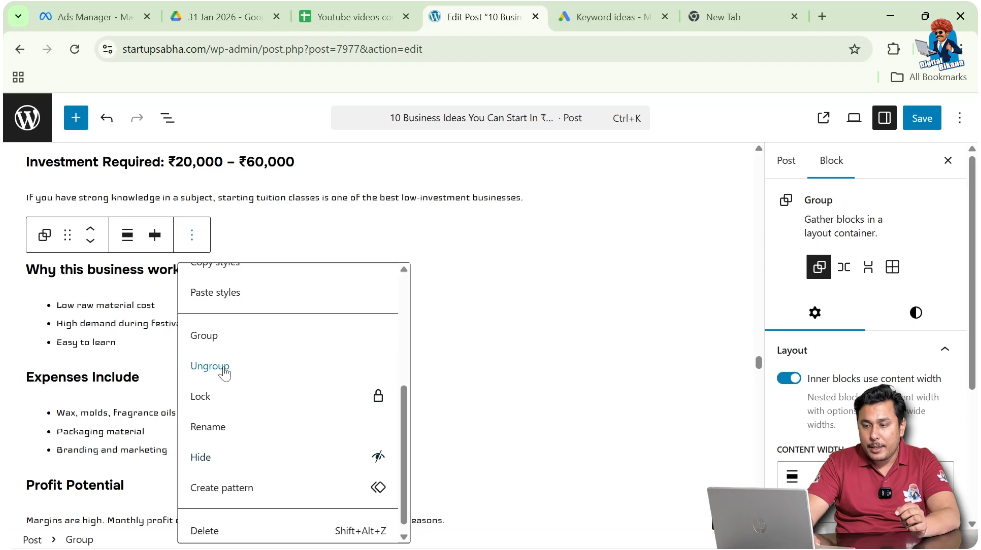 Ungroup option in WordPress block editor toolbar menu