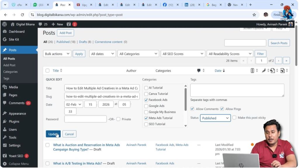 Updating blog post after scheduling using Quick Edit