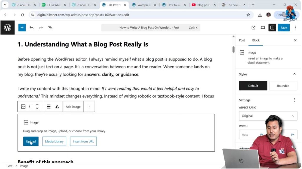 Uploading image in WordPress blog post editor