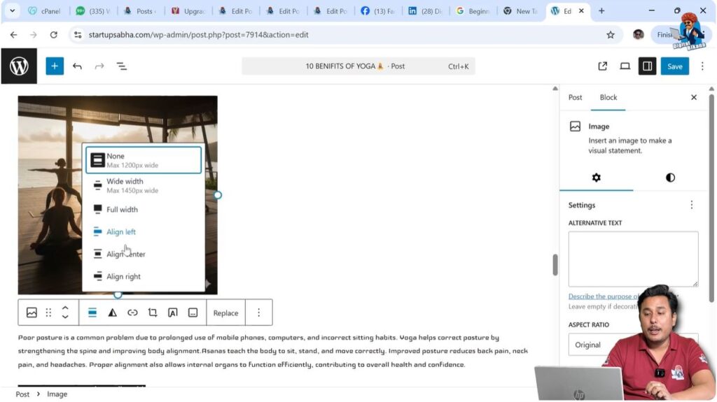 WordPress image alignment options toolbar example