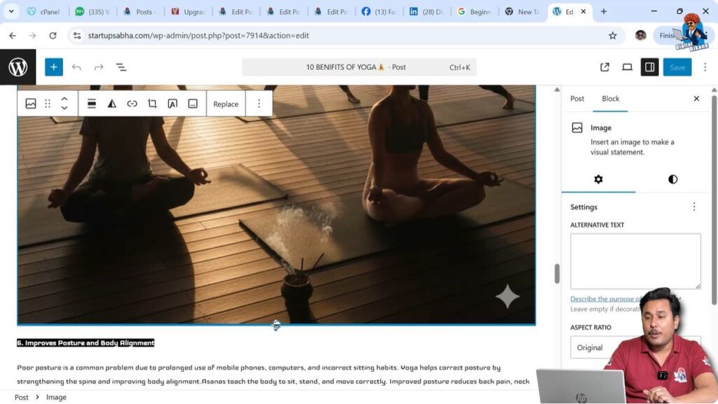 WordPress image resize handles blue circles example
