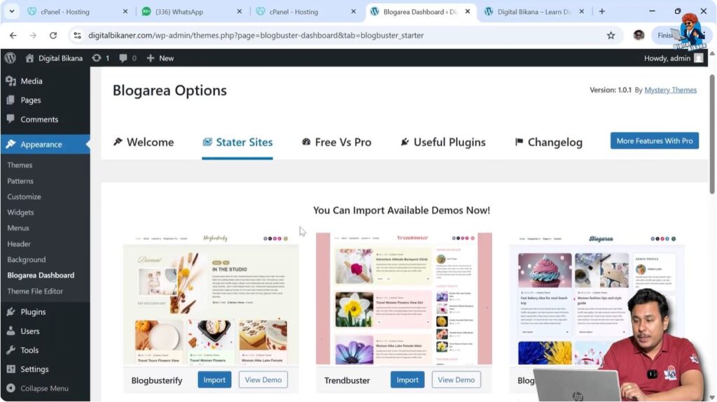Starter site templates available in WordPress theme