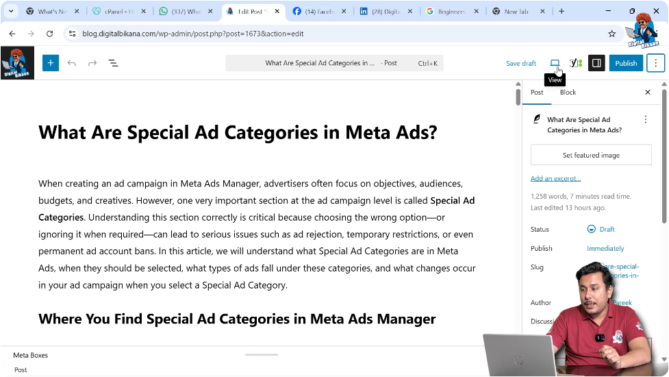 Opening blog post in WordPress editor to review content
