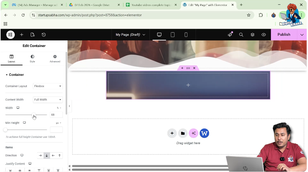 Preview of container width increase and decrease in Elementor editor