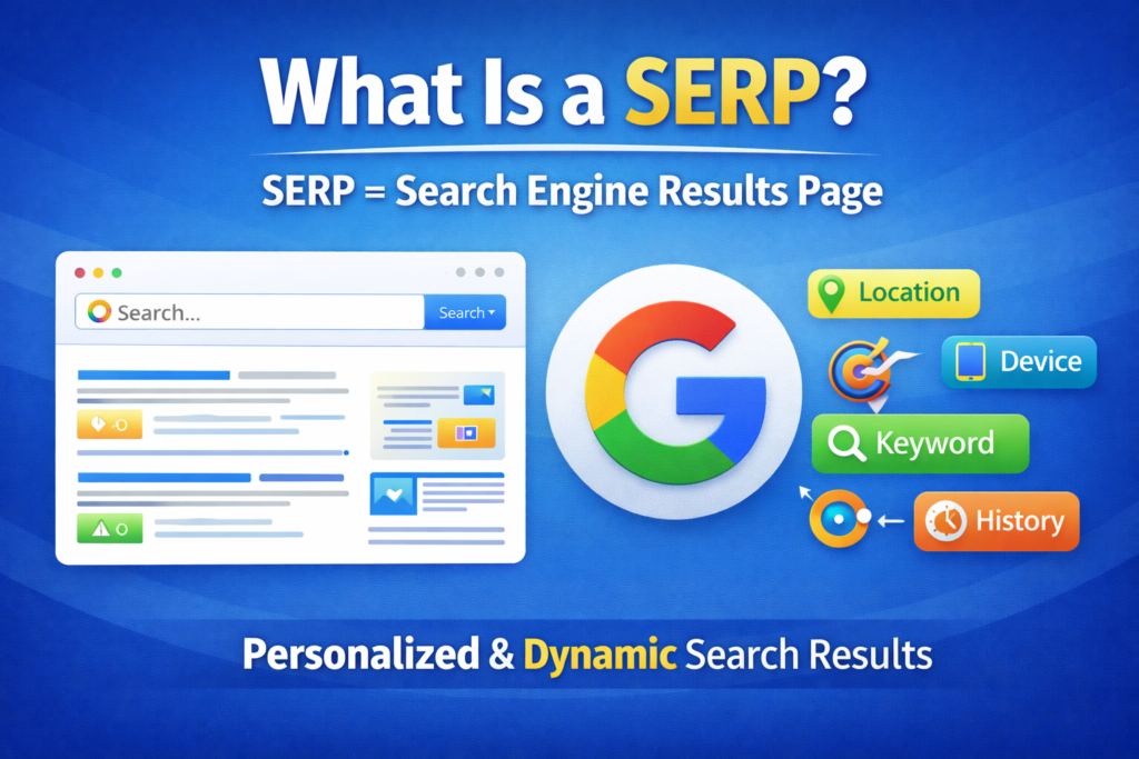 Search engine results page layout showing multiple result types