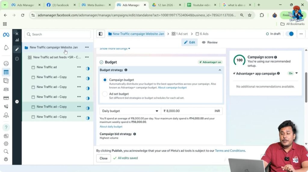 Where budget optimization option appears in Meta Ads Manager campaign setup
