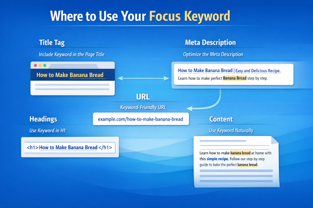 Webpage layout highlighting title, URL, meta description, and headings