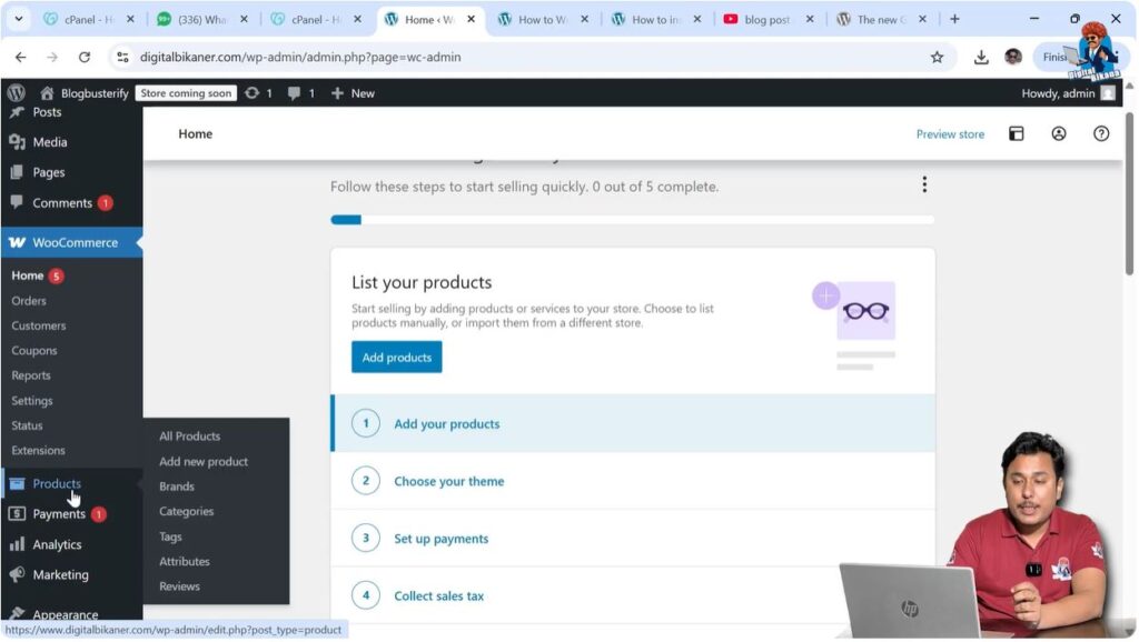 WooCommerce product section showing add new product option
